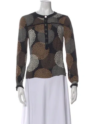 Pre-owned Tory Burch Silk Floral Print Button-up Top In Black