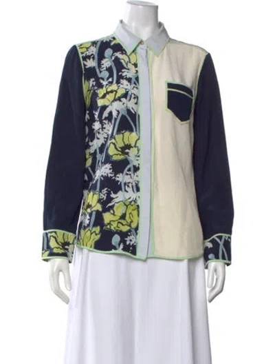 Pre-owned Tory Burch Silk Floral Print Button-up Top In Blue