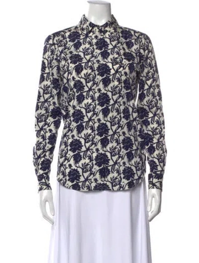 Pre-owned Tory Burch Silk Floral Print Button-up Top In Blue/white