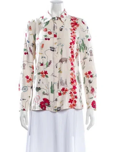 Pre-owned Tory Burch Silk Floral Print Button-up Top In Neutral