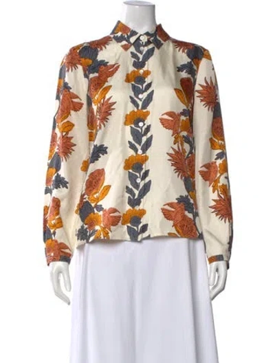 Pre-owned Tory Burch Silk Floral Print Button-up Top In Neutral
