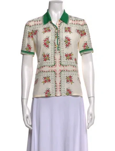 Pre-owned Tory Burch Silk Floral Print Polo In Neutrals