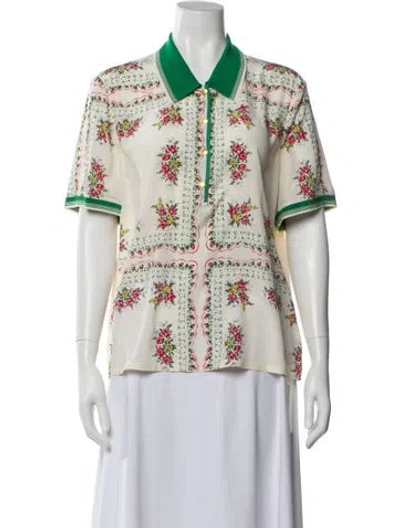 Pre-owned Tory Burch Silk Floral Print Polo In White
