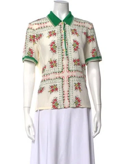 Pre-owned Tory Burch Silk Floral Print Polo In White