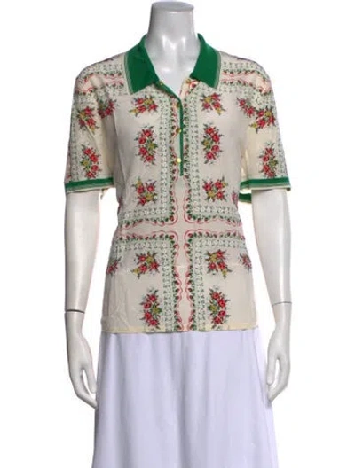 Pre-owned Tory Burch Silk Floral Print Polo In White