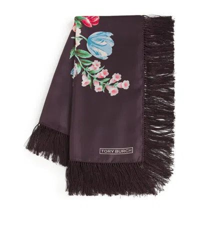 Tory Burch Silk Floral Print Scarf In Black