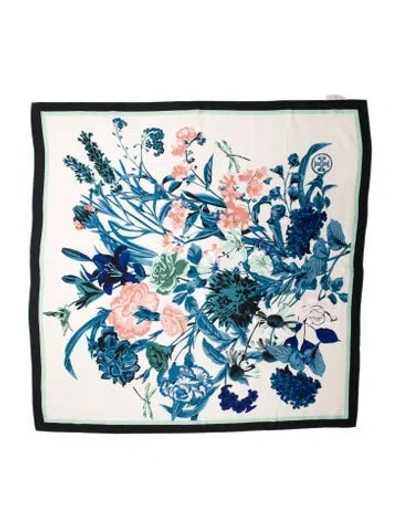 Pre-owned Tory Burch Silk Floral Print Scarf In Blue