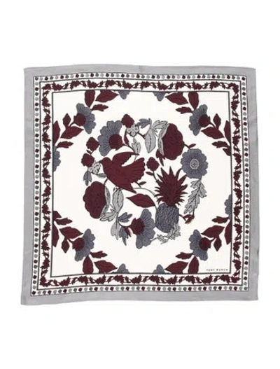 Pre-owned Tory Burch Silk Floral Print Scarf W/ Tags In Grey/neutrals