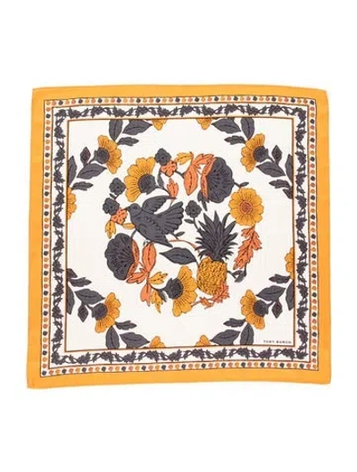 Pre-owned Tory Burch Silk Floral Print Scarf W/ Tags In Neutrals