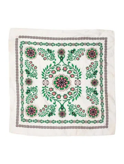 Pre-owned Tory Burch Silk Floral Print Scarf In White