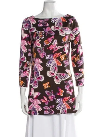 Pre-owned Tory Burch Silk Floral Print Top In Brown