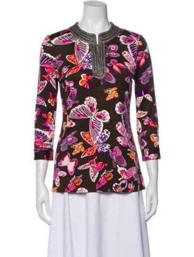 Pre-owned Tory Burch Silk Floral Print Top In Neutral