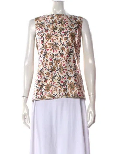 Pre-owned Tory Burch Silk Floral Print Top In Neutral