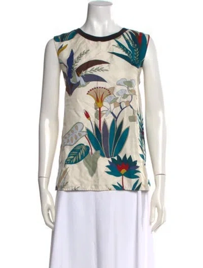 Pre-owned Tory Burch Silk Floral Print Top In White