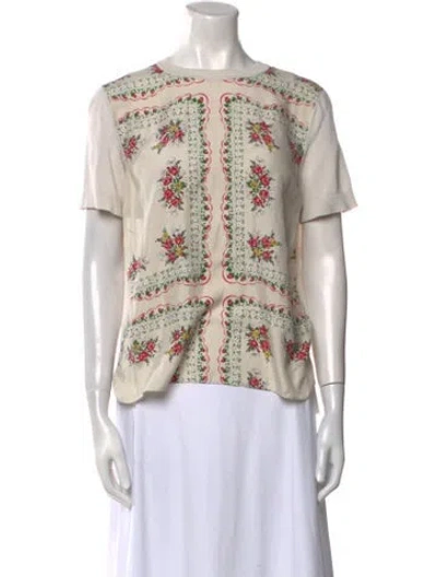 Pre-owned Tory Burch Silk Floral Print T-shirt In Neutral