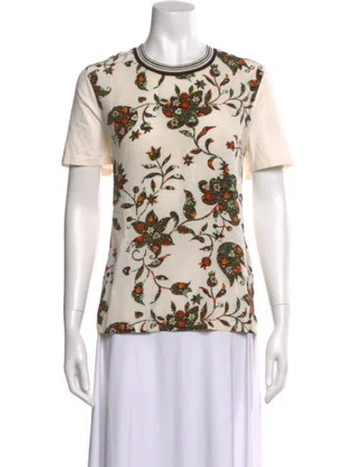 Pre-owned Tory Burch Silk Floral Print T-shirt In Neutral