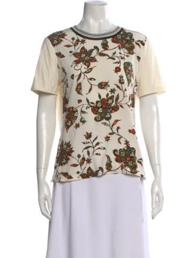 Pre-owned Tory Burch Silk Floral Print T-shirt In Neutral