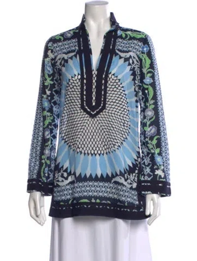 Pre-owned Tory Burch Silk Floral Print Tunic In Blue