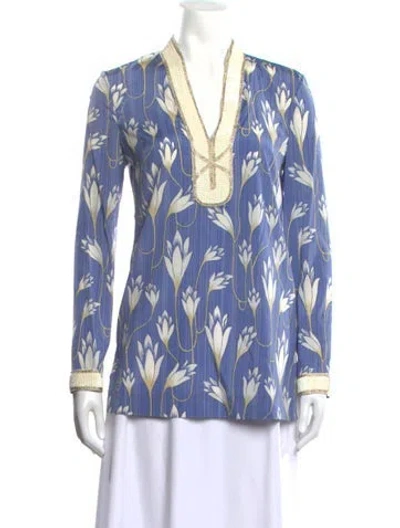 Pre-owned Tory Burch Silk Floral Print Tunic In Blue