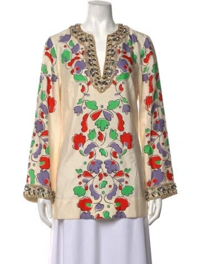 Pre-owned Tory Burch Silk Floral Print Tunic In Blue/green/neutrals