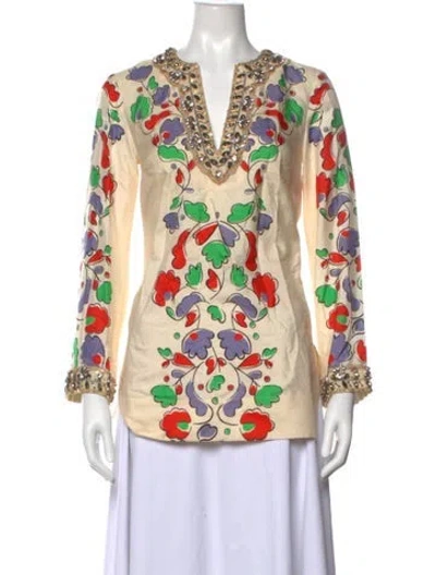 Pre-owned Tory Burch Silk Floral Print Tunic In Green/neutrals/purple