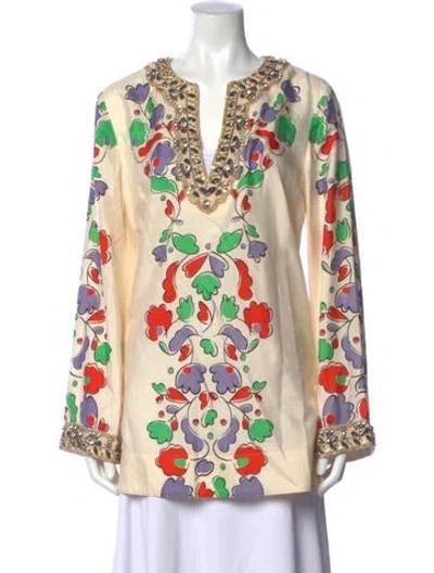 Pre-owned Tory Burch Silk Floral Print Tunic In Neutrals