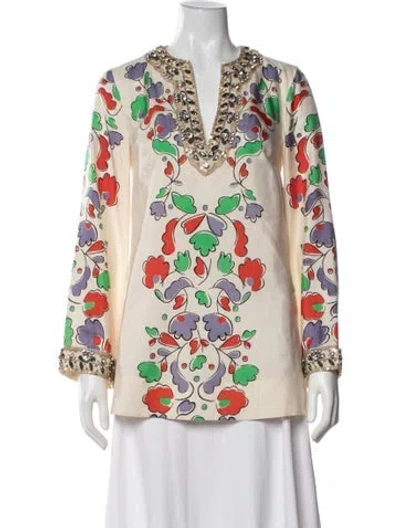 Pre-owned Tory Burch Silk Floral Print Tunic In White