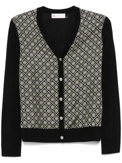 Tory Burch Monogram Print Silk And Wool Cardigan In Black