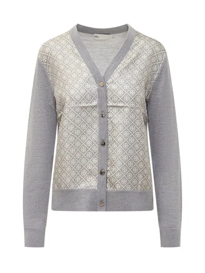 Tory Burch Silk Front Cardigan In Grey