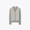 Tory Burch Merino Wool-silk Panel Cardigan In Shadow Gray Melange T Monogram Mini