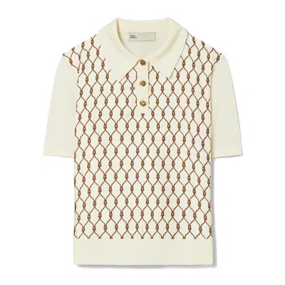 Tory Burch Silk Front Polo In French Cream