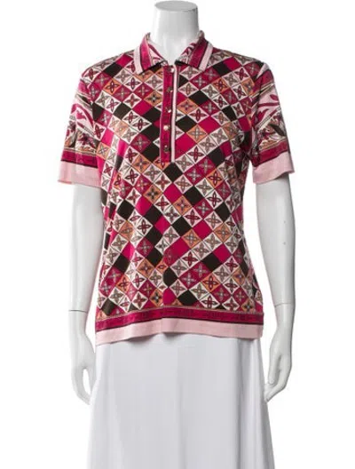Pre-owned Tory Burch Silk Graphic Print Polo In Pink