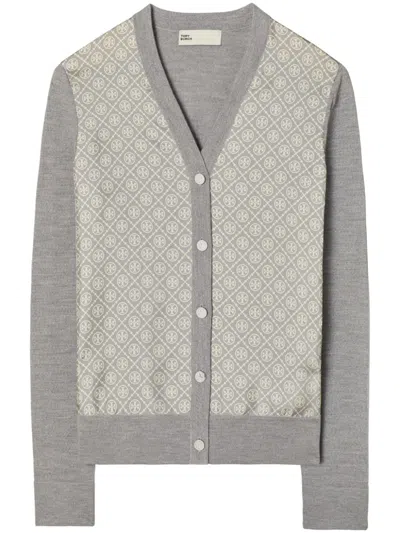 Tory Burch Silk Insert Cardigan With Eight In Gray