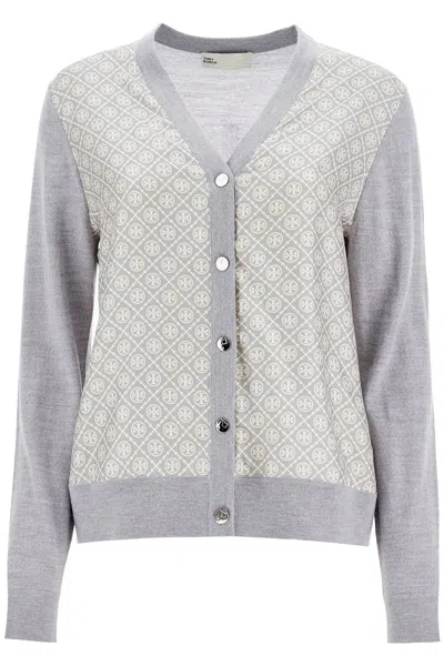 Tory Burch Silk Insert Cardigan With Eight In Grey