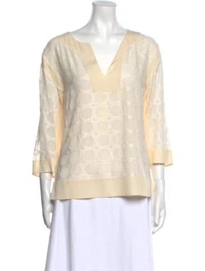 Pre-owned Tory Burch Silk Lace Pattern Blouse In Brown