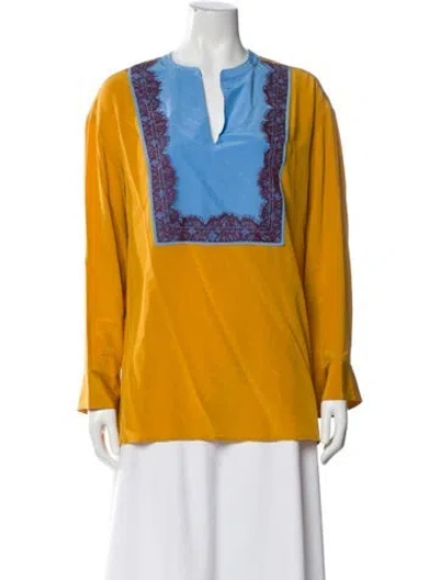 Pre-owned Tory Burch Silk Lace Pattern Blouse In Yellow