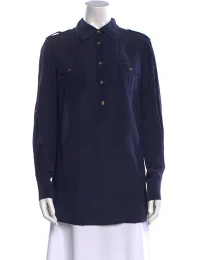 Pre-owned Tory Burch Silk Long Sleeve Polo In Blue