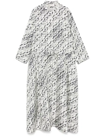TORY BURCH SILK MIDI DRESS IN WHITE WITH BLACK PRINT