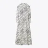 Tory Burch Grey Kaftan With Contrasting Trims And Eyelet Closure On The Front In Silk And Cotton Blend Woman In New Ivory Distressed Pixelated Logo