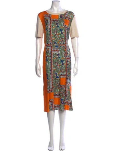 Pre-owned Tory Burch Silk Midi Length Dress In Neutrals/orange