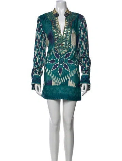 Pre-owned Tory Burch Silk Mini Dress In Blue/green