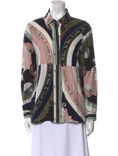 Pre-owned Tory Burch Silk Paisley Print Button-up Top In Blue