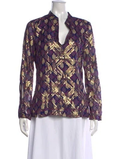 Pre-owned Tory Burch Silk Patterned Blouse In Metallic/purple