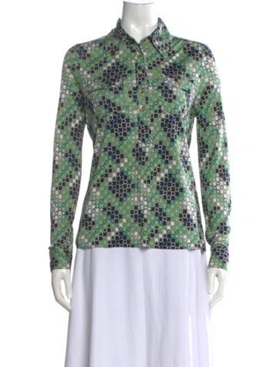 Pre-owned Tory Burch Silk Patterned Button-up Top In Green