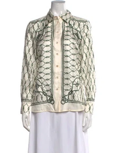 Pre-owned Tory Burch Silk Patterned Button-up Top W/ Tags In Neutrals