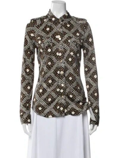 Pre-owned Tory Burch Silk Patterned Button-up Top In White