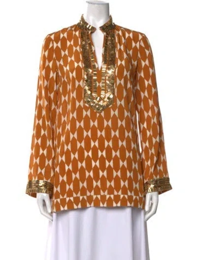 Pre-owned Tory Burch Silk Patterned Tunic In Gold