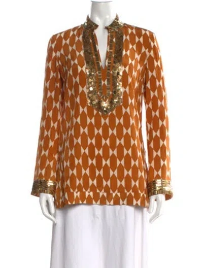 Pre-owned Tory Burch Silk Patterned Tunic In Gold/orange/white