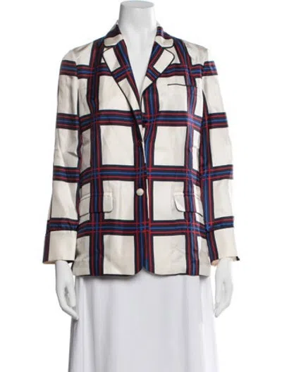 Pre-owned Tory Burch Silk Plaid Print Blazer In White