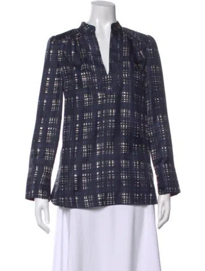 Pre-owned Tory Burch Silk Plaid Print Blouse In Blue